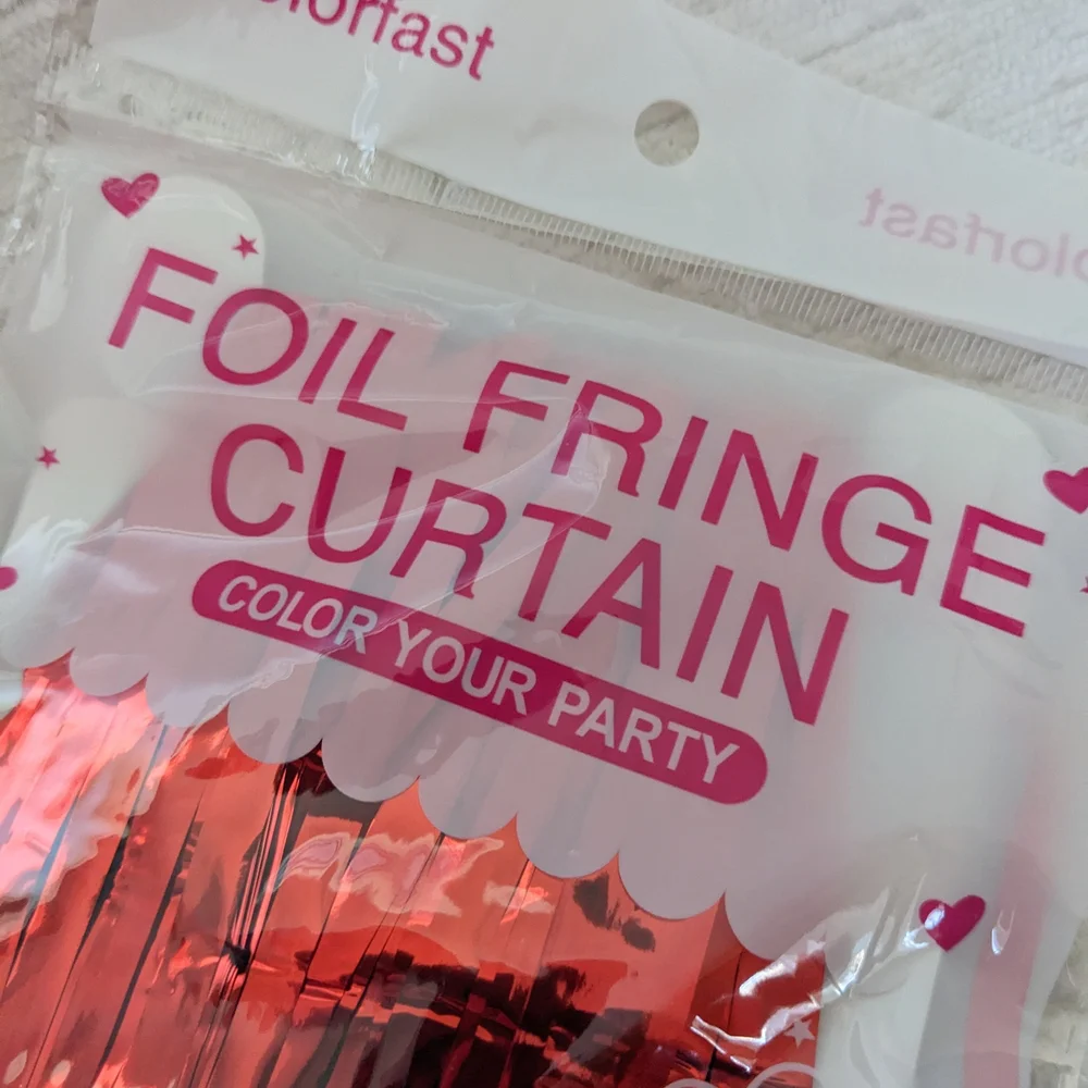 Red Foil Fringe Curtains Set Of Two, Each Is Roughly 3 Ft Wide And 6.5 Ft Long